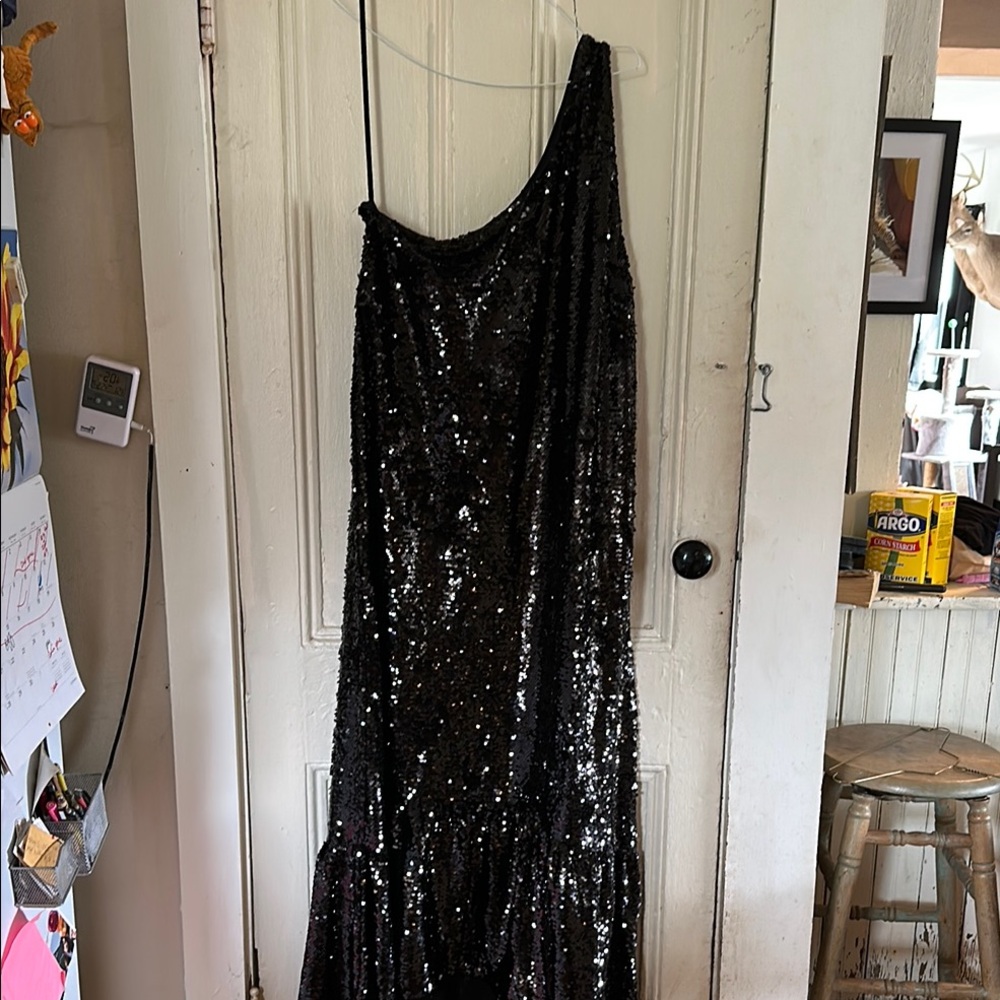 MAEVE Anthropologie One Shoulder Sequin Ruffle Maxi Dress Black size Large